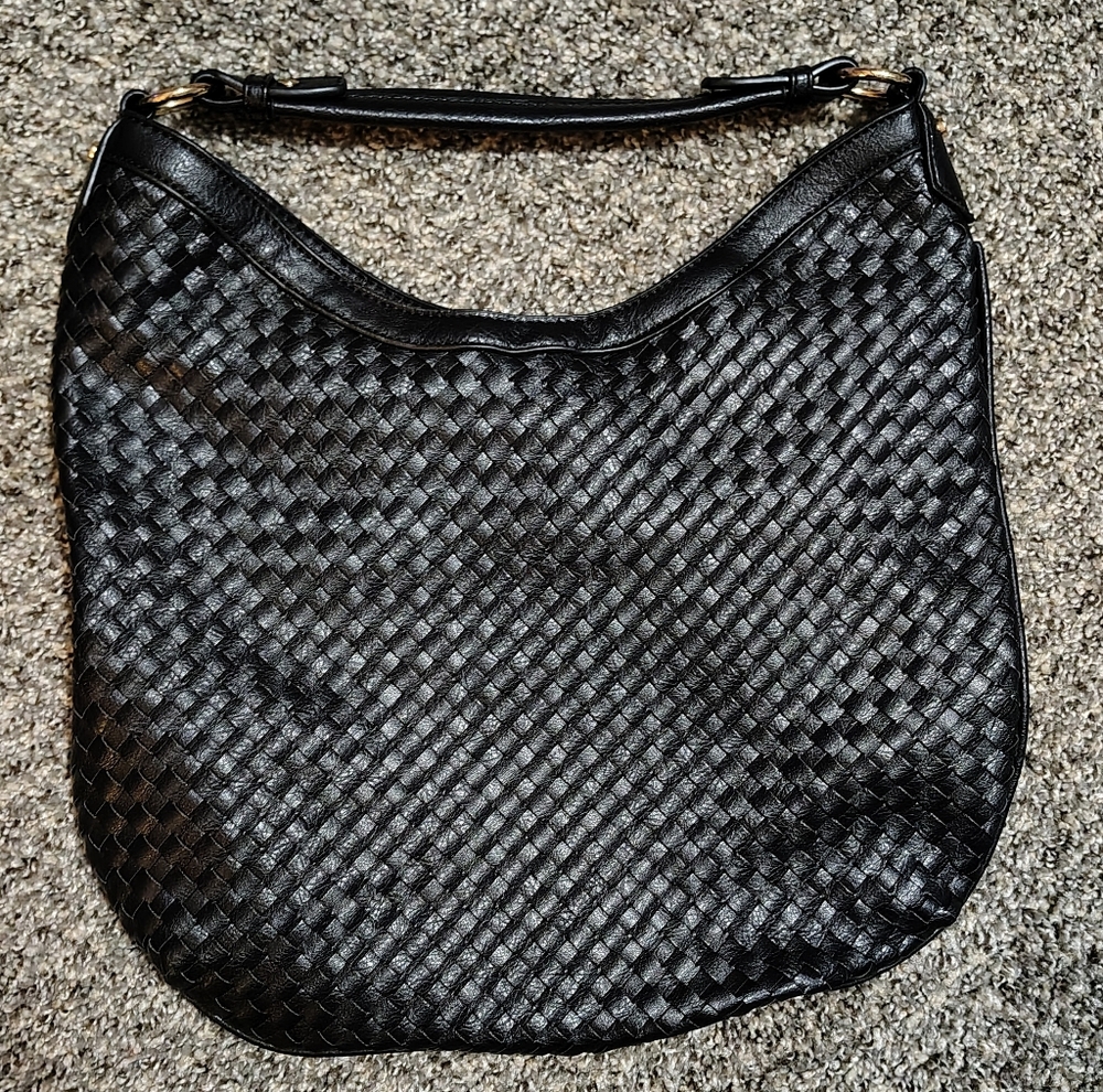 Black Faux Leather Woven Shoulder Bag